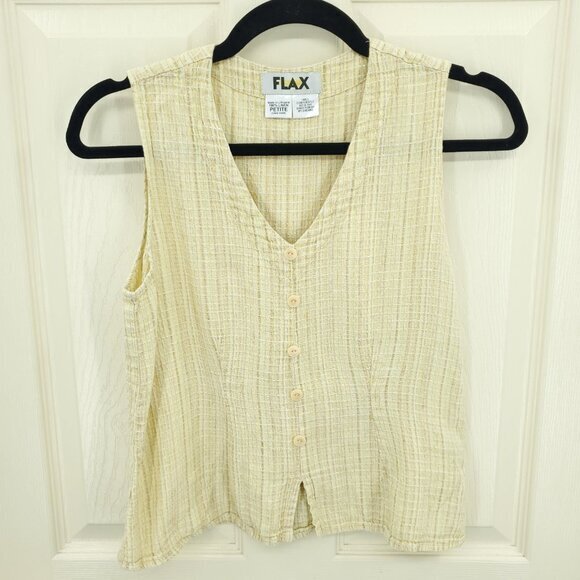 Flax 100% Linen Cropped Button-Front Woven Shell Top S Yellow - Picture 1 of 15